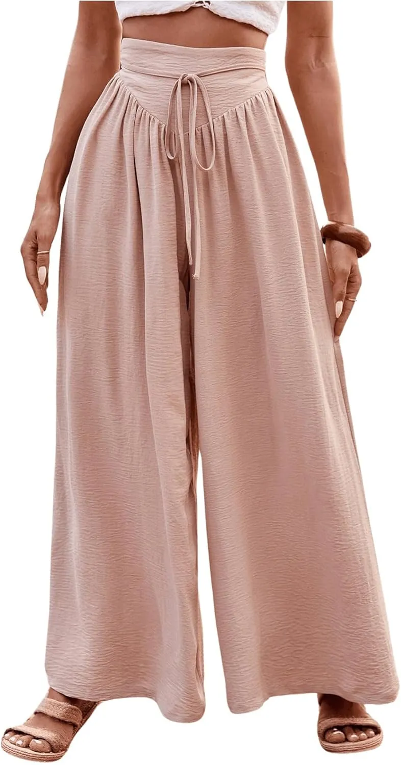 MakeMeChic Women's Casual Tummy Control Summer Wide Leg Pants Elastic High Waist Pleated Beach Pants