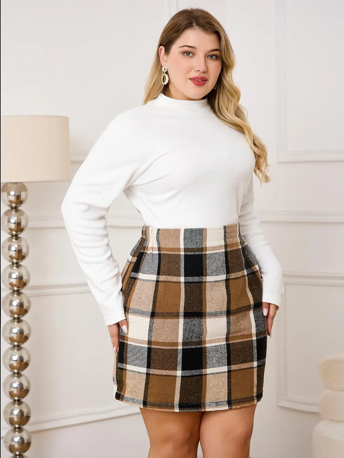 MakeMeChic Women's Plus Size Plaid Skirt Elastic High Waisted Pencil Mini Skirts
