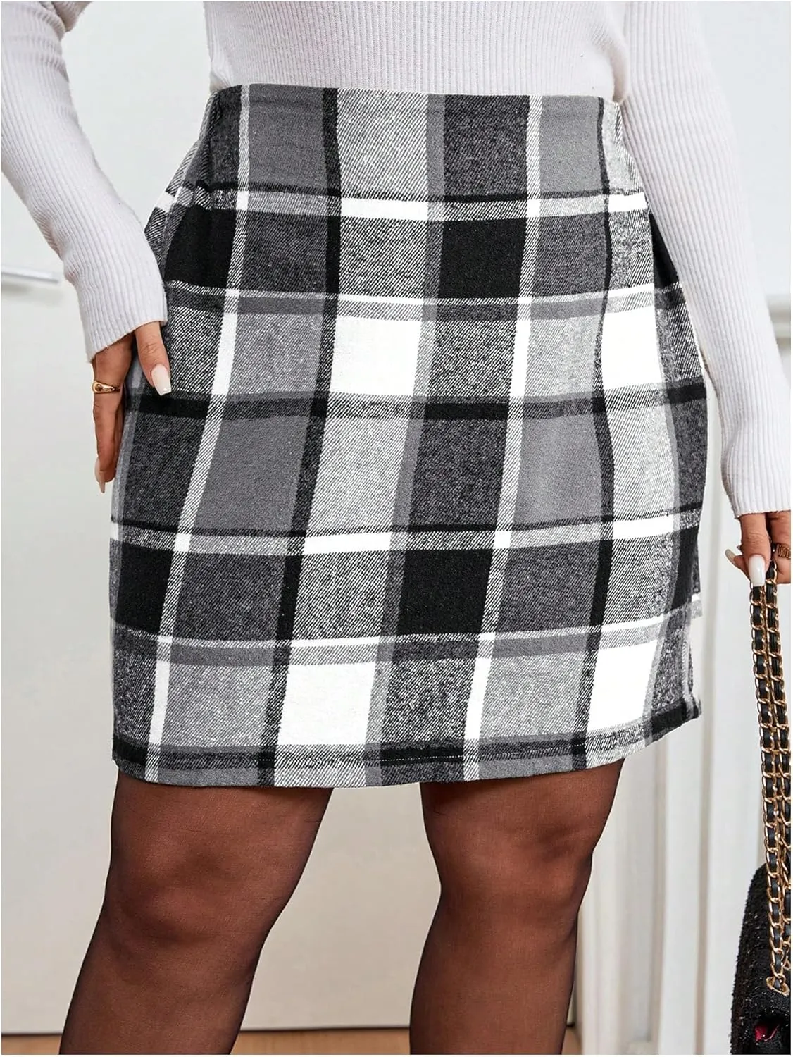 MakeMeChic Women's Plus Size Plaid Skirt Elastic High Waisted Pencil Mini Skirts