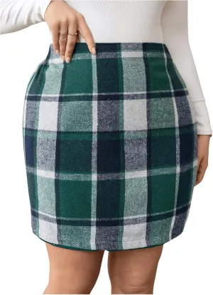 MakeMeChic Women's Plus Size Plaid Skirt Elastic High Waisted Pencil Mini Skirts