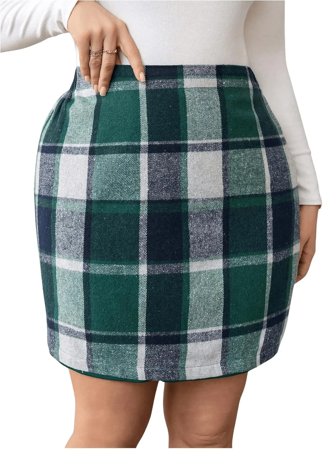 MakeMeChic Women's Plus Size Plaid Skirt Elastic High Waisted Pencil Mini Skirts
