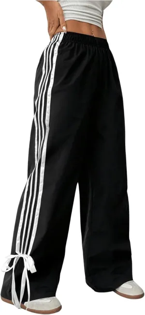 MakeMeChic Women's Striped Bowknot Elastic High Waist Pants Wide Leg Trousers Joggers
