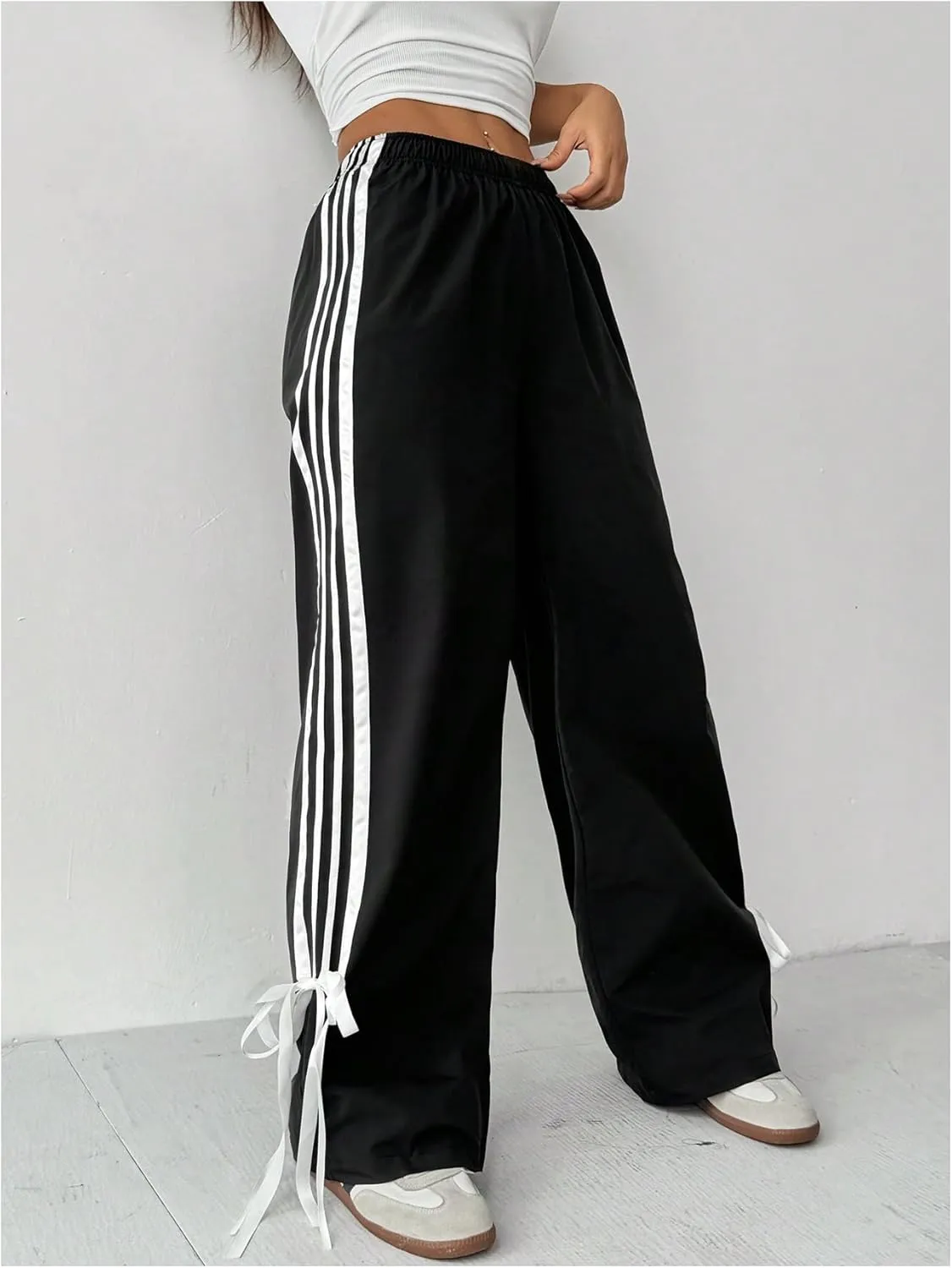MakeMeChic Women's Striped Bowknot Elastic High Waist Pants Wide Leg Trousers Joggers