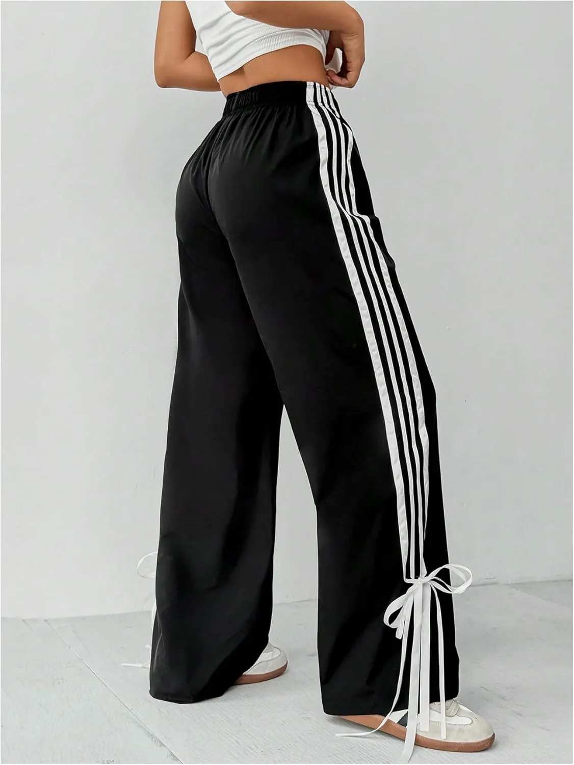 MakeMeChic Women's Striped Bowknot Elastic High Waist Pants Wide Leg Trousers Joggers