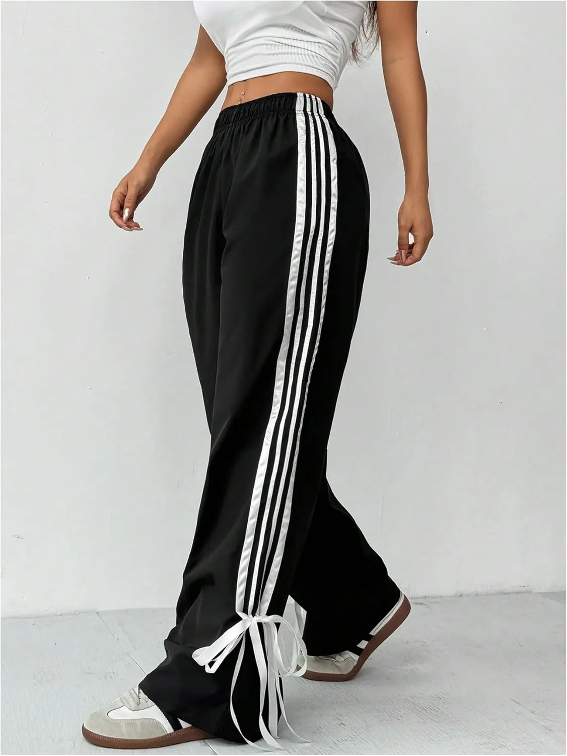 MakeMeChic Women's Striped Bowknot Elastic High Waist Pants Wide Leg Trousers Joggers