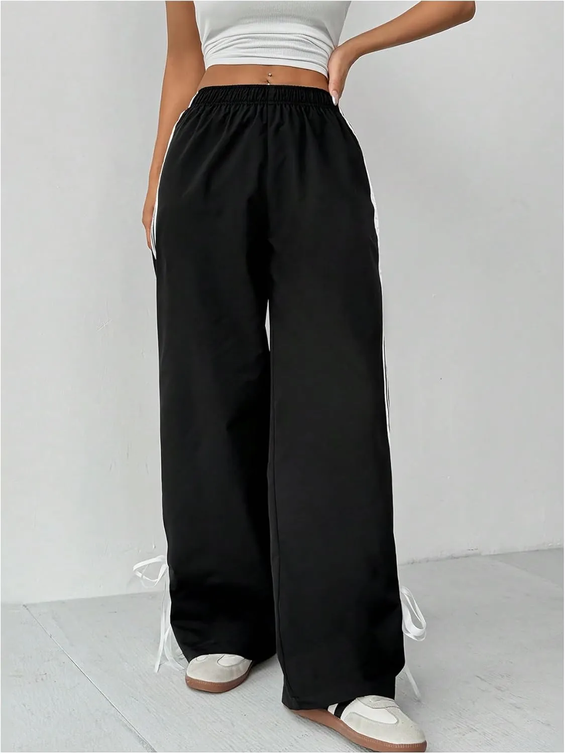 MakeMeChic Women's Striped Bowknot Elastic High Waist Pants Wide Leg Trousers Joggers
