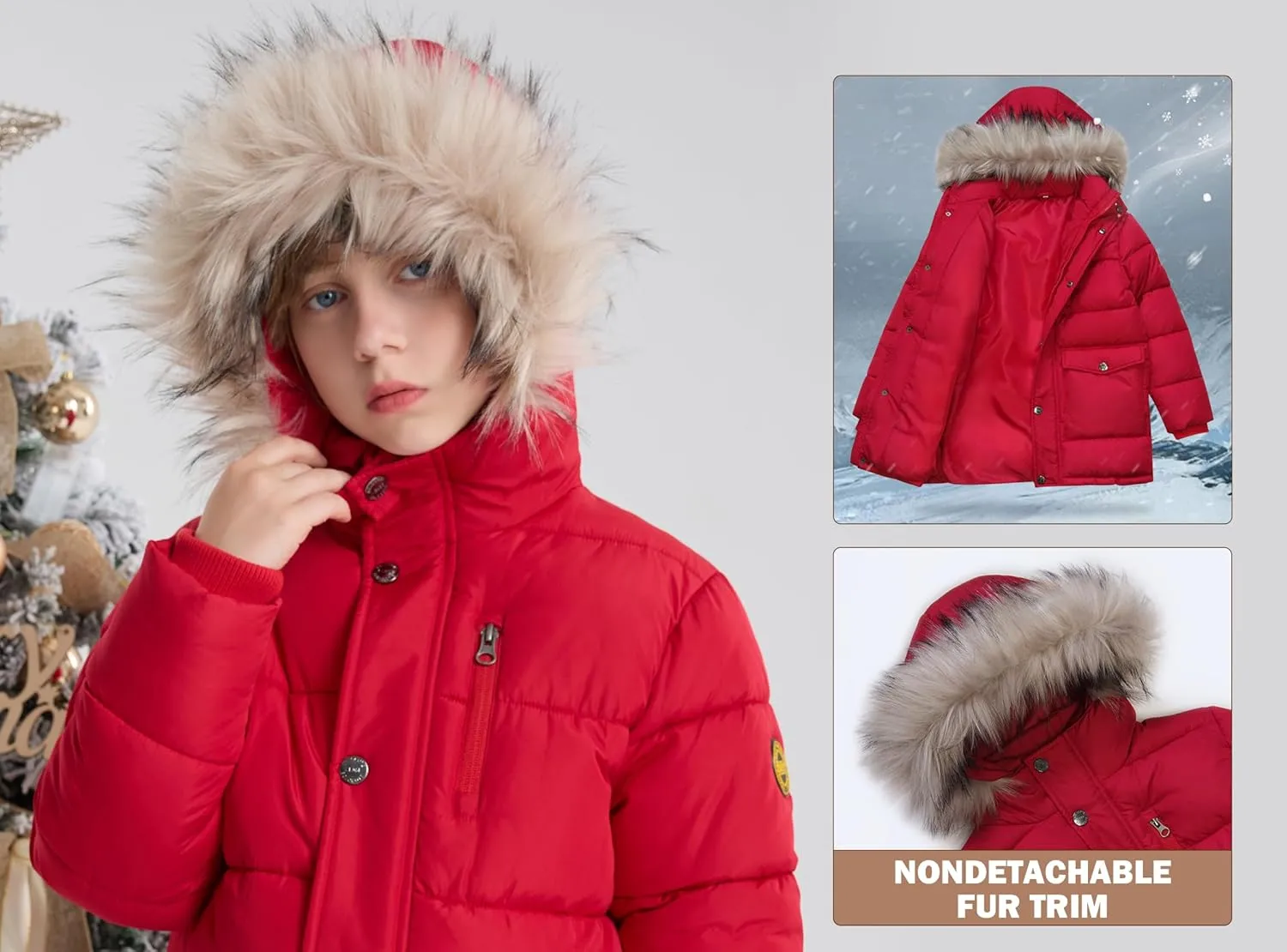 maoo garden Boys Puffer Winter Coats Kids Fake-Down Heavyweight Jacket Waterproof Fur Hooded Parka