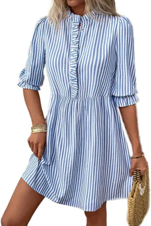 Melliflo Women's Ruffle Trim Striped Mini Dresses Summer Half Button High Waist Shirt Dress Casual Puff Sleeve Lapel Sundress
