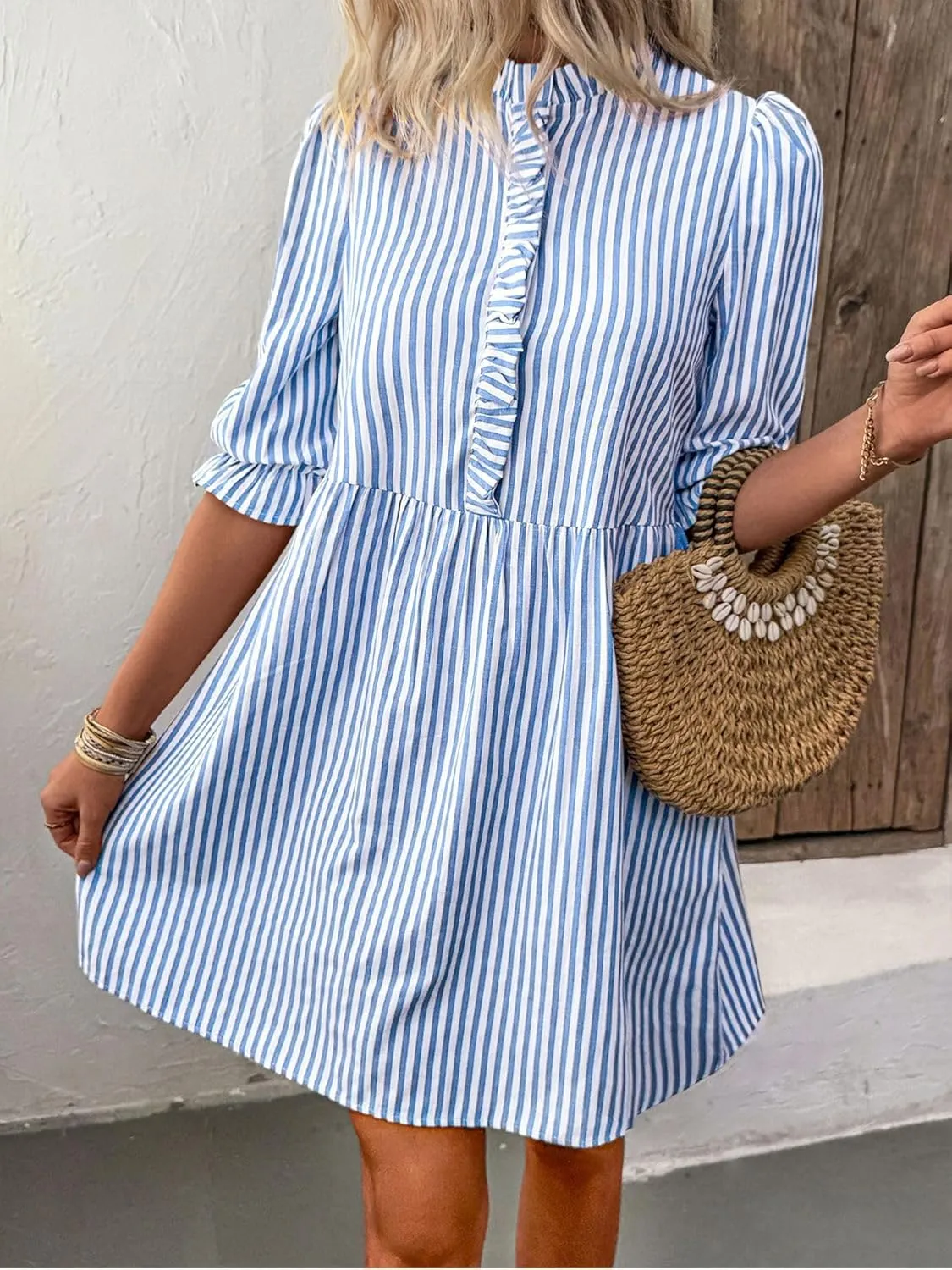 Melliflo Women's Ruffle Trim Striped Mini Dresses Summer Half Button High Waist Shirt Dress Casual Puff Sleeve Lapel Sundress