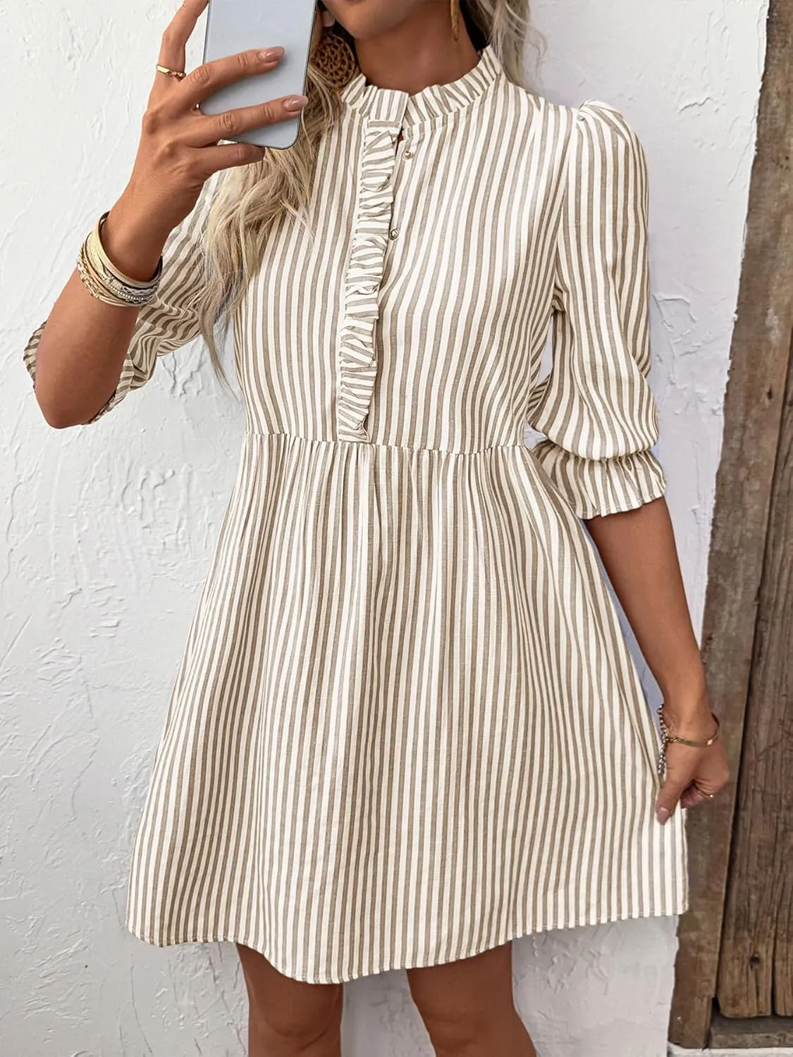 Melliflo Women's Ruffle Trim Striped Mini Dresses Summer Half Button High Waist Shirt Dress Casual Puff Sleeve Lapel Sundress