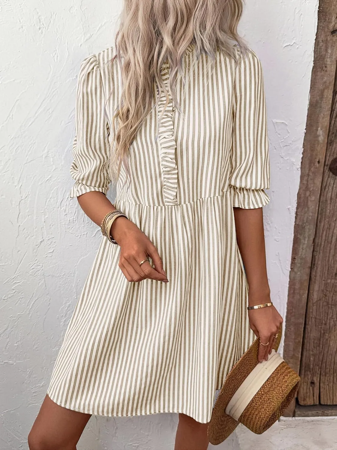 Melliflo Women's Ruffle Trim Striped Mini Dresses Summer Half Button High Waist Shirt Dress Casual Puff Sleeve Lapel Sundress