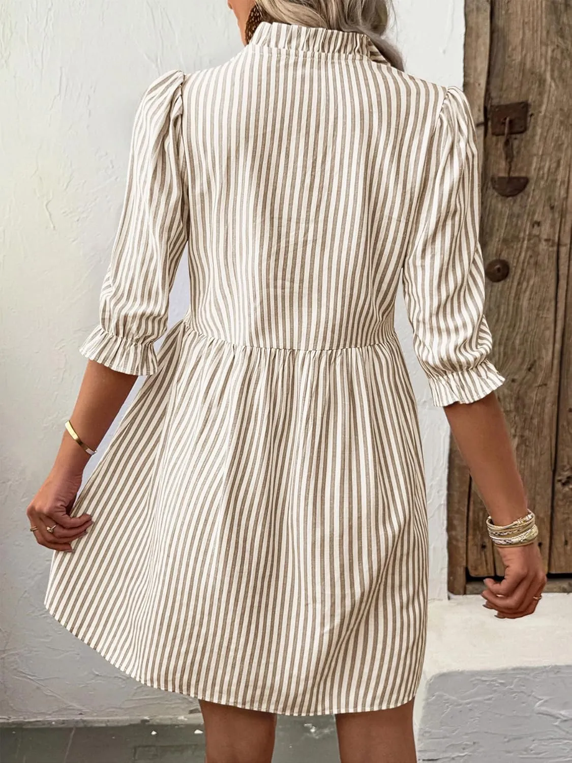 Melliflo Women's Ruffle Trim Striped Mini Dresses Summer Half Button High Waist Shirt Dress Casual Puff Sleeve Lapel Sundress