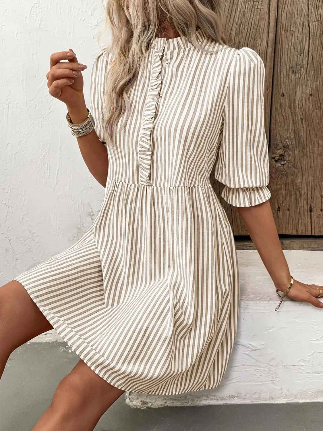 Melliflo Women's Ruffle Trim Striped Mini Dresses Summer Half Button High Waist Shirt Dress Casual Puff Sleeve Lapel Sundress