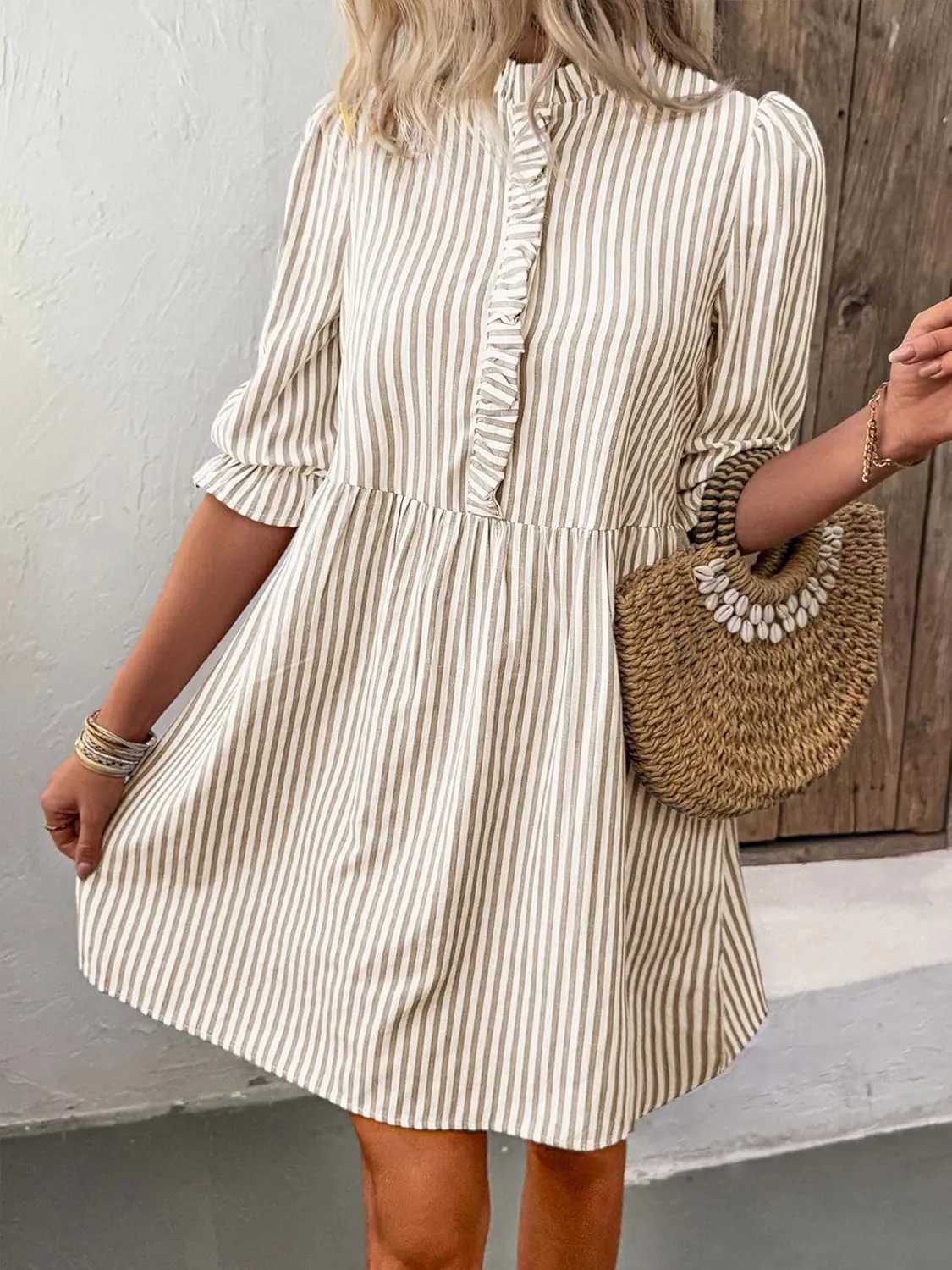 Melliflo Women's Ruffle Trim Striped Mini Dresses Summer Half Button High Waist Shirt Dress Casual Puff Sleeve Lapel Sundress