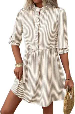 Melliflo Women's Ruffle Trim Striped Mini Dresses Summer Half Button High Waist Shirt Dress Casual Puff Sleeve Lapel Sundress