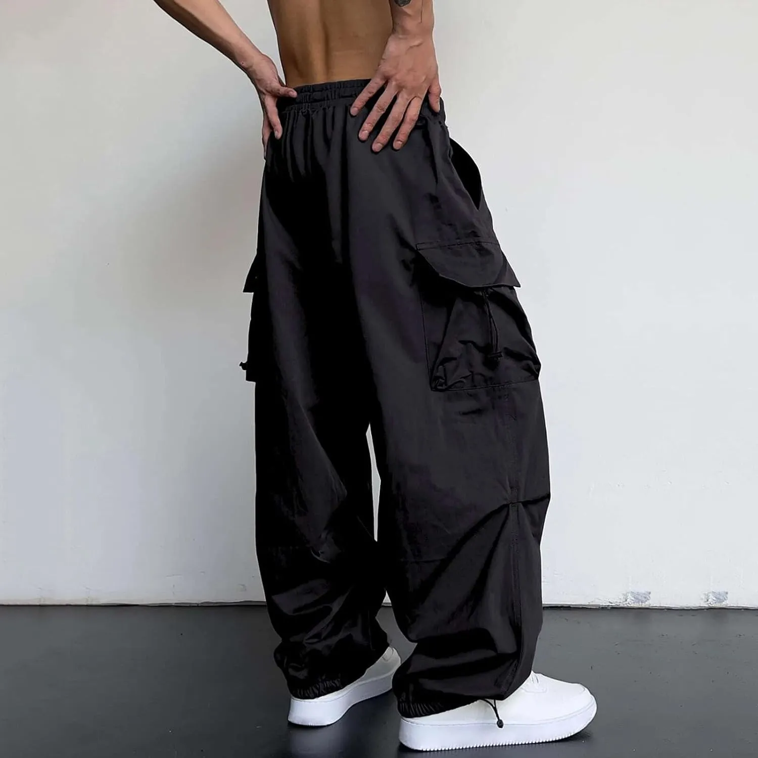 Men Baggy Cargo Pants Trendy Casual Parachute Pants Loose Harem Joggers Streetwear Drawstring Sweatpants with Pocket