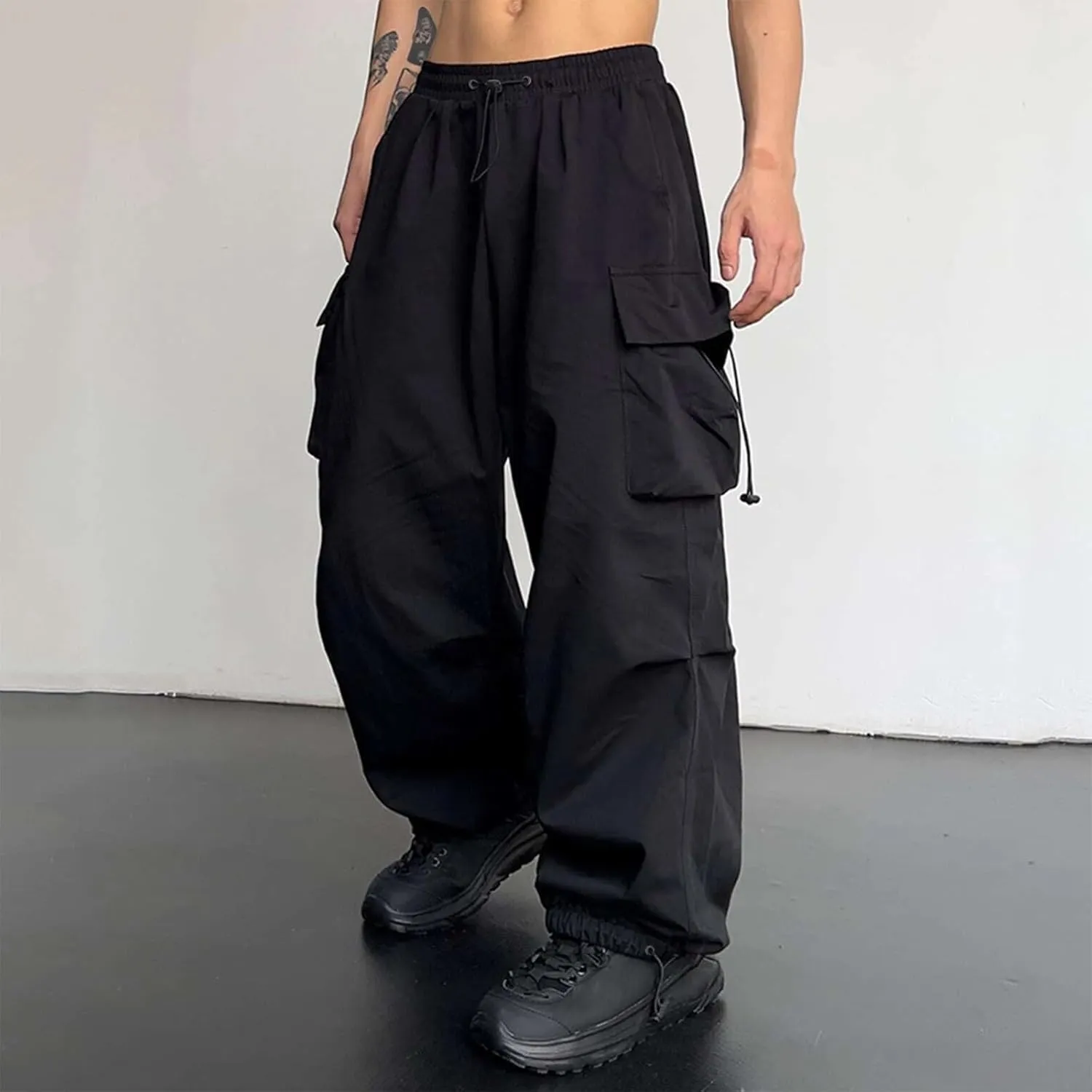 Men Baggy Cargo Pants Trendy Casual Parachute Pants Loose Harem Joggers Streetwear Drawstring Sweatpants with Pocket