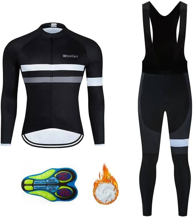 Men Cycling Clothing Set Winter Long Sleeve Jacket Bike Jersey Kit Plus Velvet Riding Clothes   Cycling Pants with 20D Pad