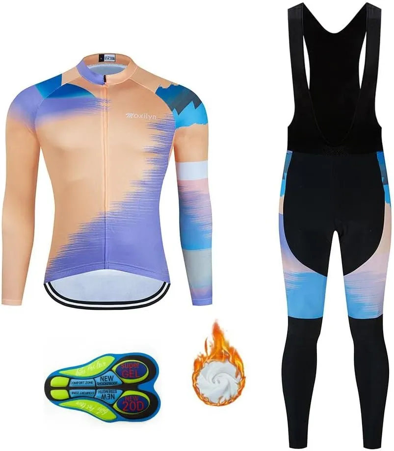 Men Cycling Clothing Set Winter Long Sleeve Jacket Bike Jersey Kit Plus Velvet Riding Clothes   Cycling Pants with 20D Pad
