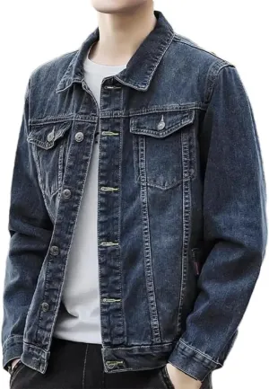 Men Denim Jacket Retro Loose Single-Breasted Two Side Pockets Men Jacket Lapel Denim Jackets