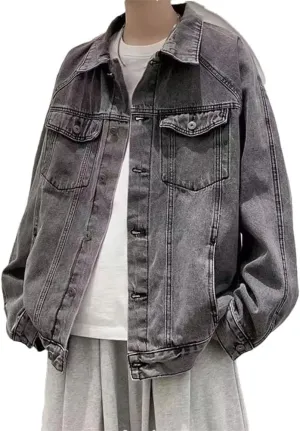 Men Denim Jacket Retro Loose Single-Breasted Two Side Pockets Men Jacket Lapel Denim Jackets
