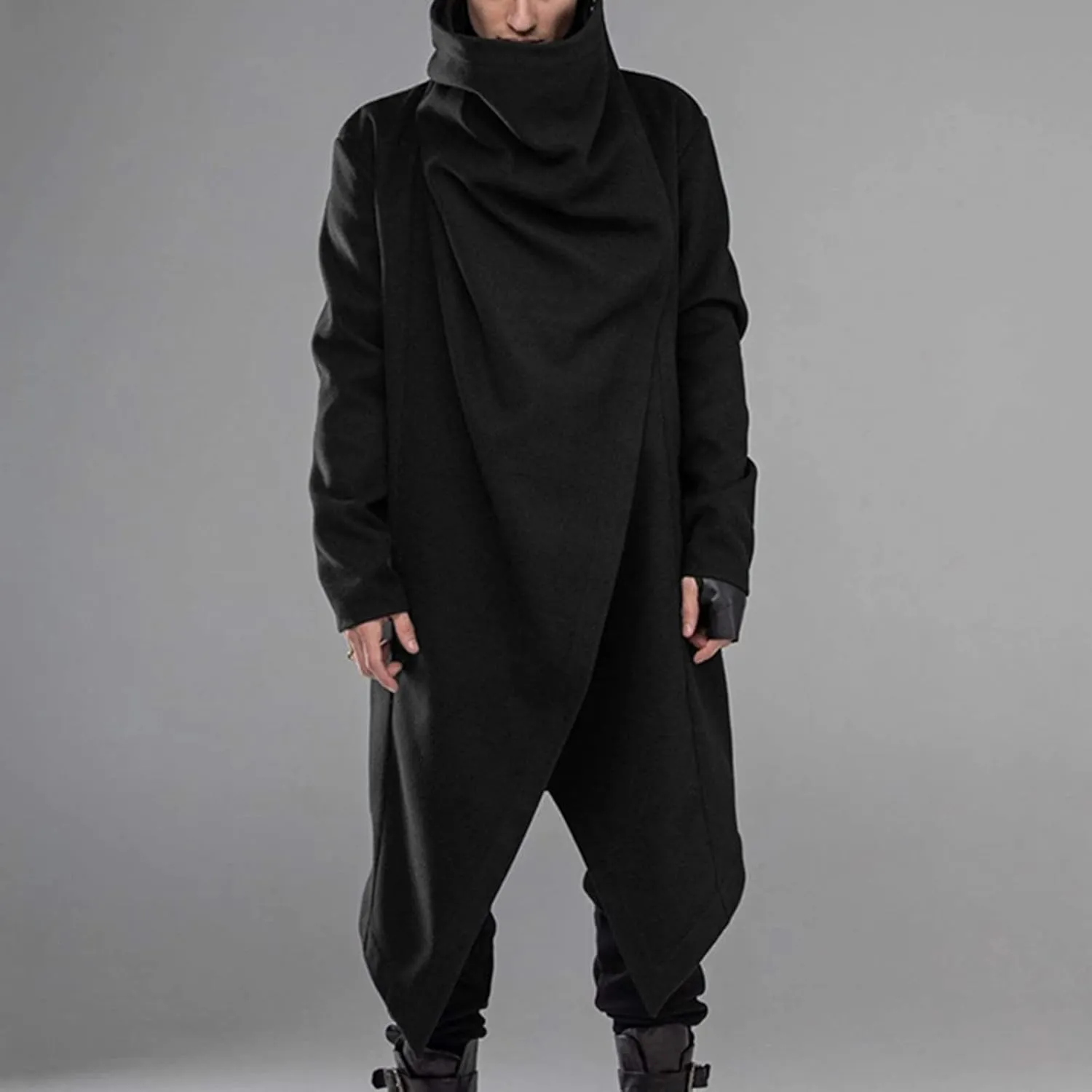Men Lightweight Casual Cape Cloak Long Length Irregular Hem Pullover Overcoat Hip Hop Slim Poncho Sweatshirt Coat