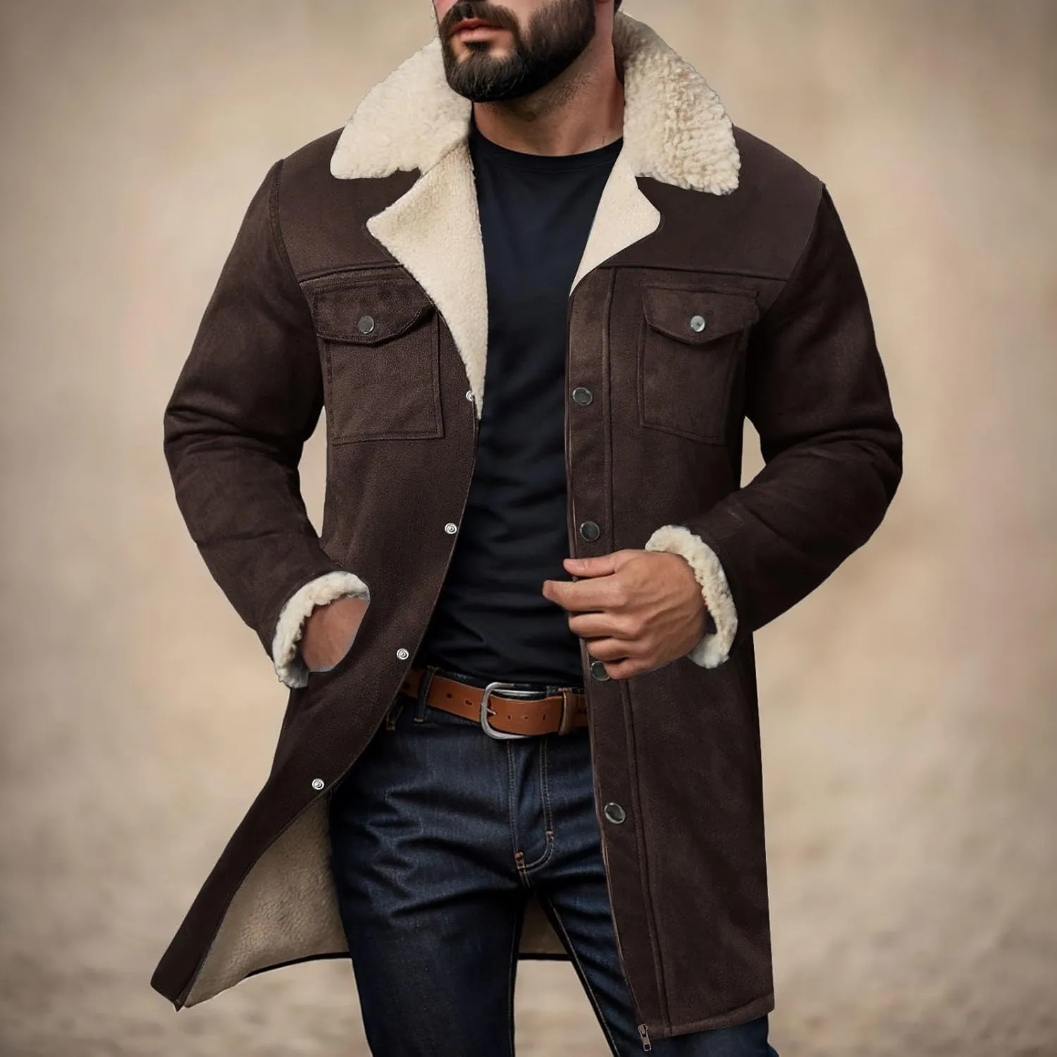 Men Vintage Suede Jacket Plush Collar Coats Faux Leather Jacket Men Zip Up Motorcycle Jacket Coats Retro Tops