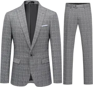 Mens 2 Piece Checked Suit Slim Fit 1 Button Plaid Casual Formal Blazer Pants Set