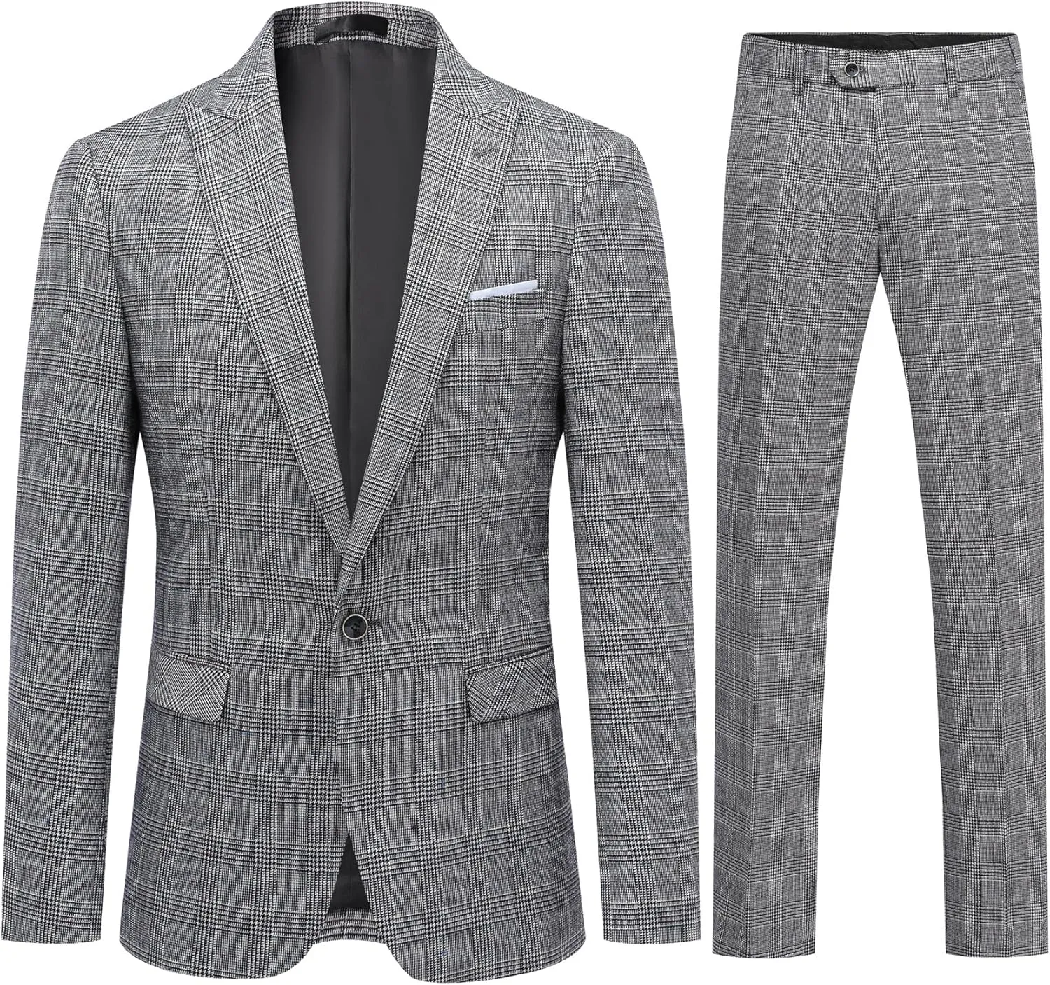 Mens 2 Piece Checked Suit Slim Fit 1 Button Plaid Casual Formal Blazer Pants Set