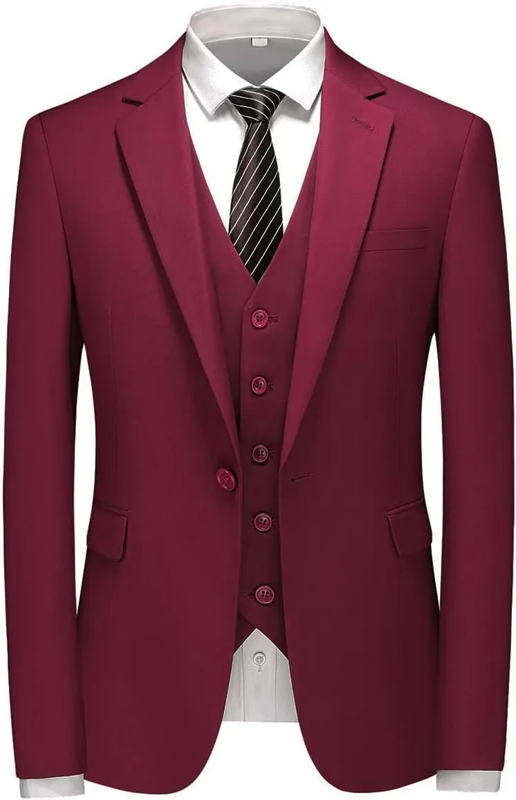 Mens 3 Piece Suits Slim Fit One Button Tuxedo Suits for Men Solid Business Casual for Wedding Blazer Pants Vest Suit Set