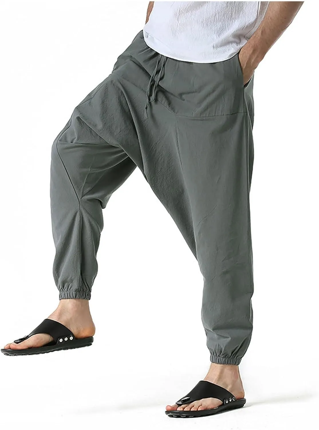 Mens Baggy Harem Pants Drawstring Waist Hippie Anime Pant Solid Color Casual Drop Crotch Wide Leg Trousers