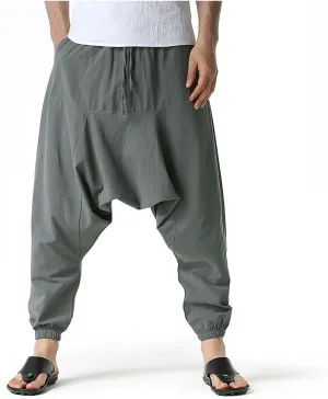 Mens Baggy Harem Pants Drawstring Waist Hippie Anime Pant Solid Color Casual Drop Crotch Wide Leg Trousers