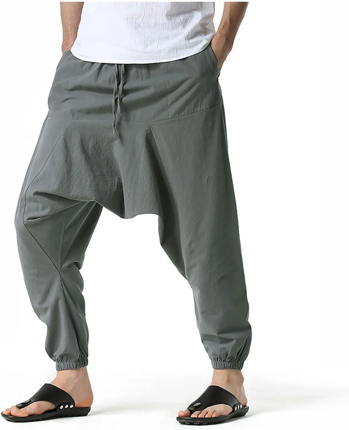 Mens Baggy Harem Pants Drawstring Waist Hippie Anime Pant Solid Color Casual Drop Crotch Wide Leg Trousers