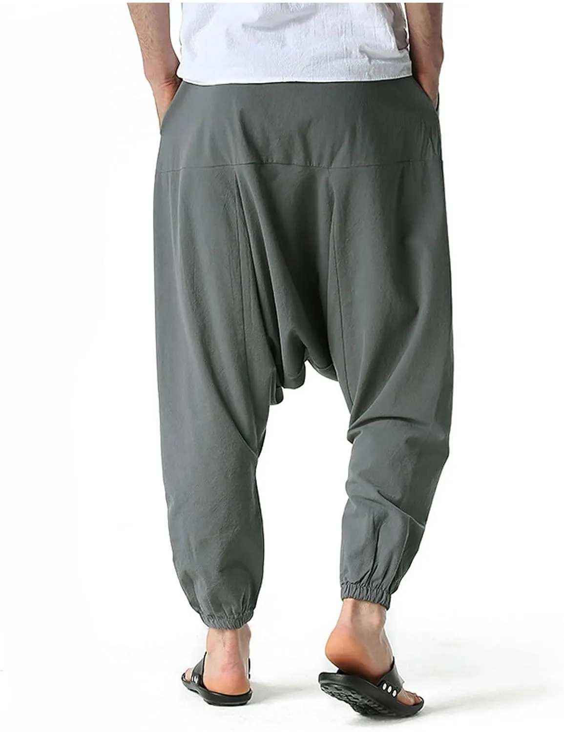Mens Baggy Harem Pants Drawstring Waist Hippie Anime Pant Solid Color Casual Drop Crotch Wide Leg Trousers