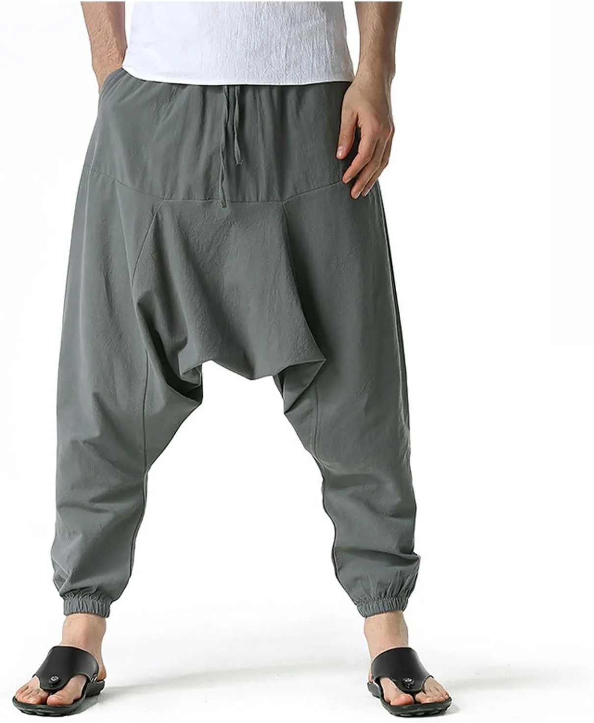 Mens Baggy Harem Pants Drawstring Waist Hippie Anime Pant Solid Color Casual Drop Crotch Wide Leg Trousers