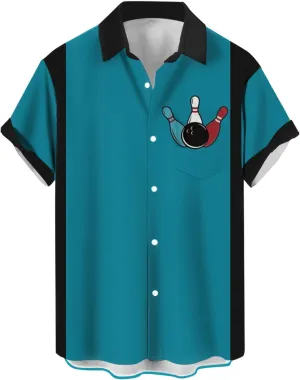 Mens Bowling Shirt Short Sleeve Vintage Printed Camp Shirt Casual Button Down Shirt
