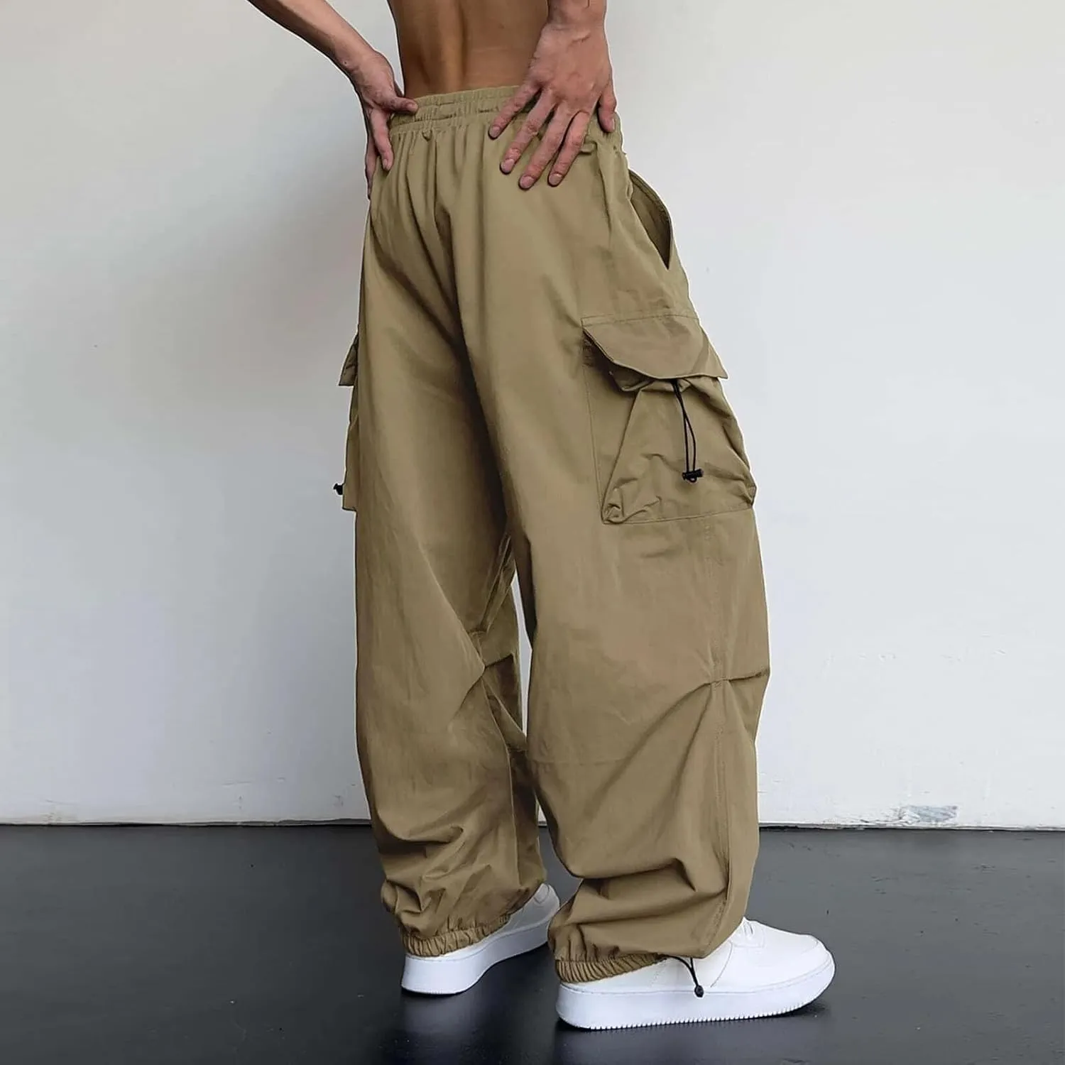 Men's Cargo Pants Elastic Waist Flap Pockets Parachute Pants Hip Hop Baggy Harem Pants for Streetwear