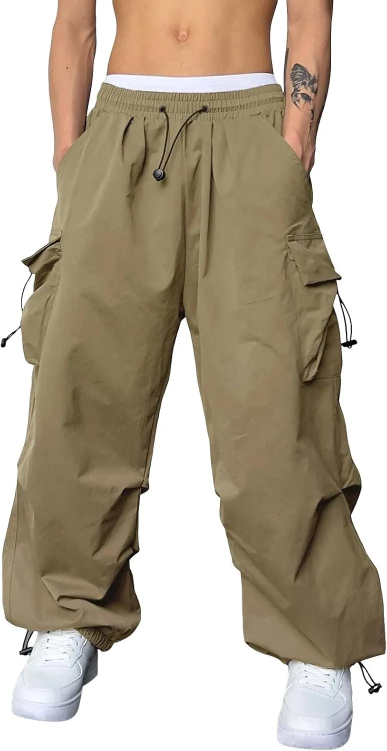 Men's Cargo Pants Elastic Waist Flap Pockets Parachute Pants Hip Hop Baggy Harem Pants for Streetwear