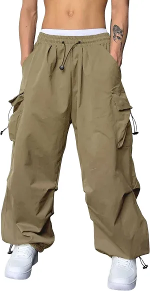 Men's Cargo Pants Elastic Waist Flap Pockets Parachute Pants Hip Hop Baggy Harem Pants for Streetwear
