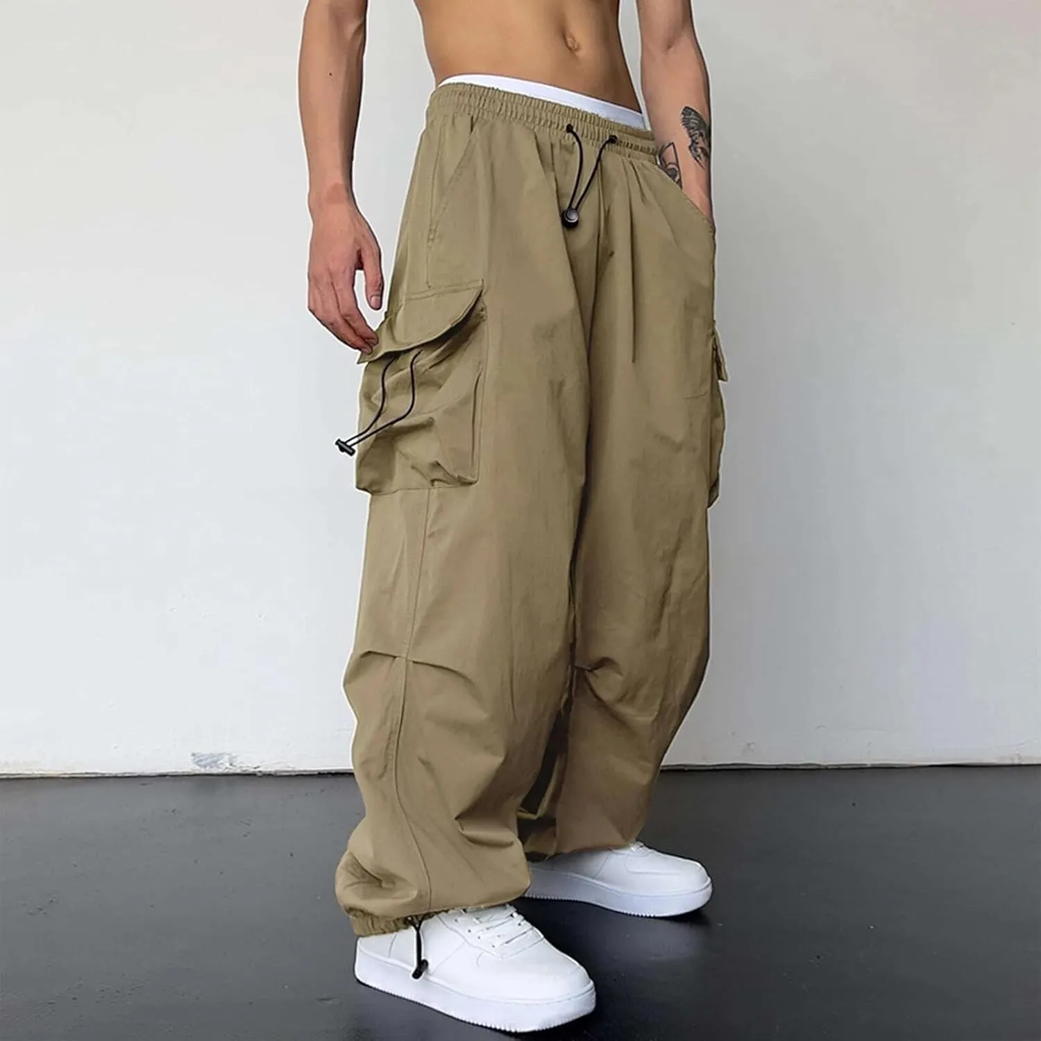 Men's Cargo Pants Elastic Waist Flap Pockets Parachute Pants Hip Hop Baggy Harem Pants for Streetwear