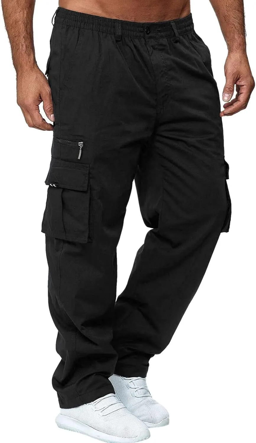 Mens Cargo Pants Relaxed Fit Cotton Hiking Sweatpants Casual Athletic Joggers Outdoor Trousers with Pockets