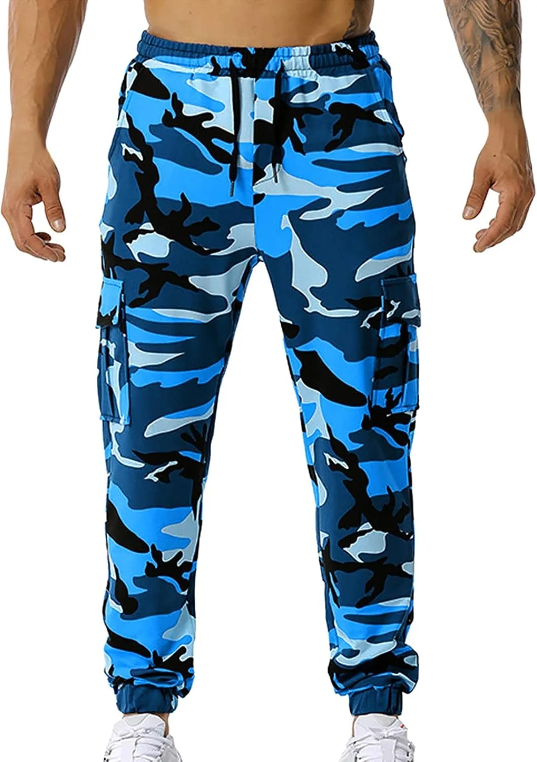 Mens Cargo Pants with Pockets Casual Camouflage Hiking Pants Stretch Drawstring Camo Work Pants Outdoor Trousers