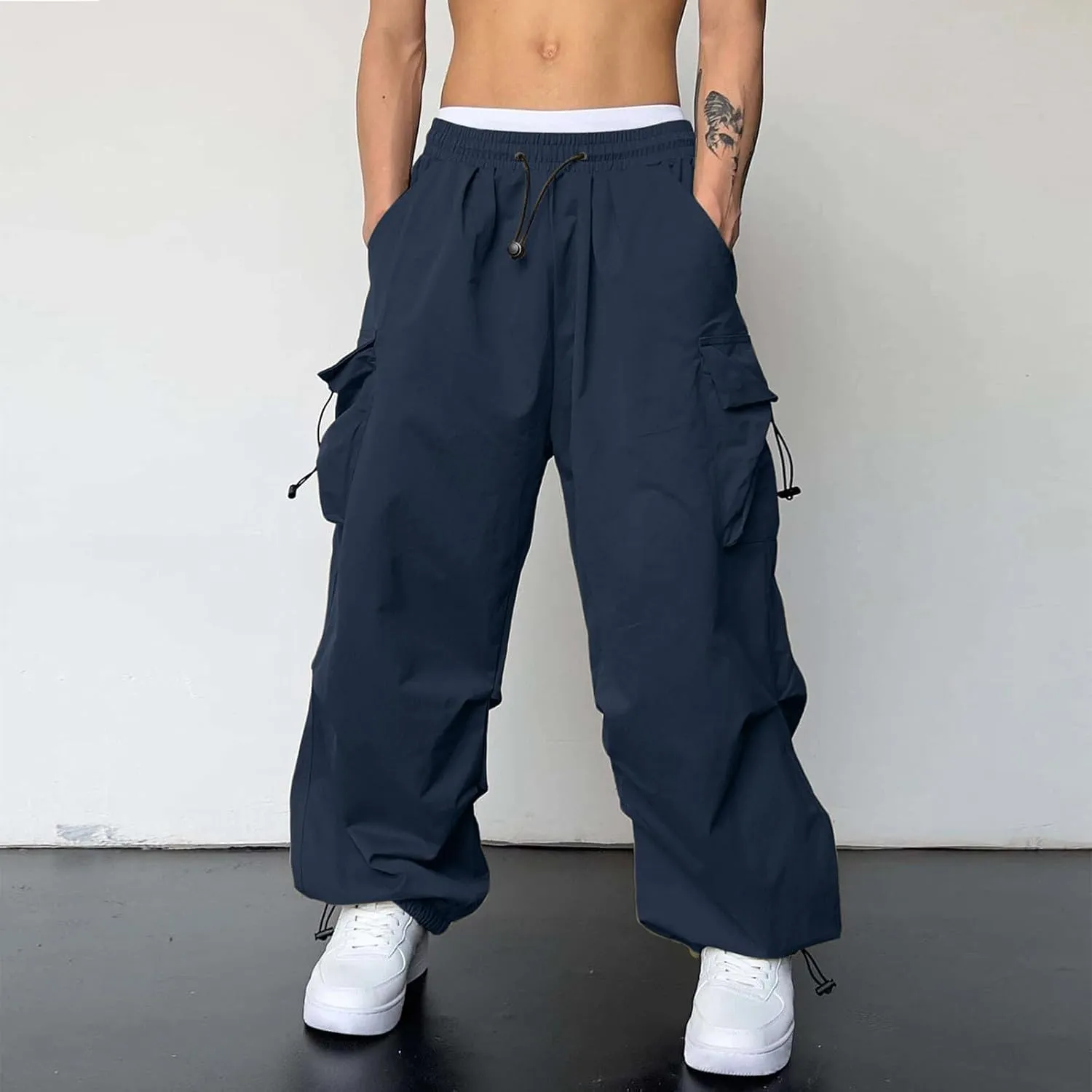 Mens Cargo Work Pant Wide Leg Casual Joggers Drawstring Elastic Waist Combat Work Pant with Pockets