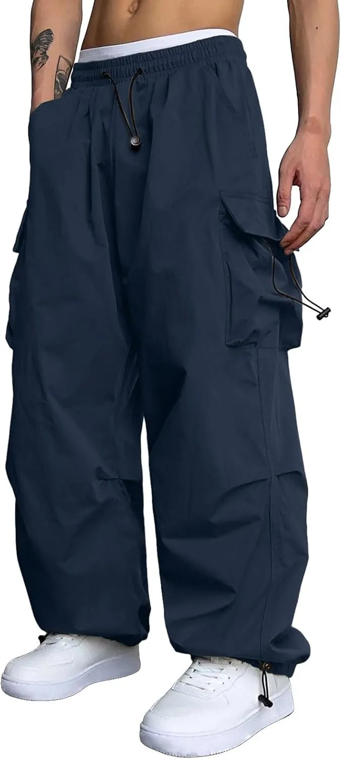 Mens Cargo Work Pant Wide Leg Casual Joggers Drawstring Elastic Waist Combat Work Pant with Pockets