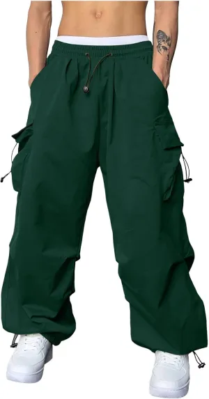 Mens Cargo Work Pant Wide Leg Casual Joggers Drawstring Elastic Waist Combat Work Pant with Pockets