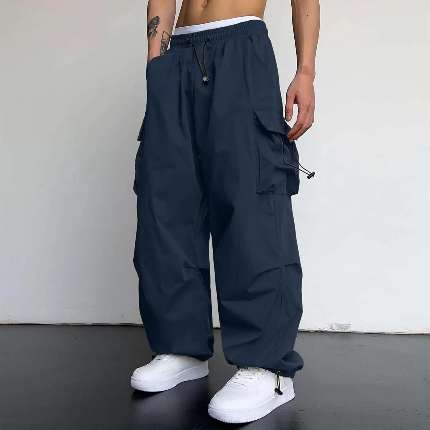 Mens Cargo Work Pant Wide Leg Casual Joggers Drawstring Elastic Waist Combat Work Pant with Pockets