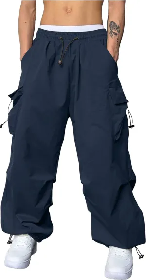 Mens Cargo Work Pant Wide Leg Casual Joggers Drawstring Elastic Waist Combat Work Pant with Pockets