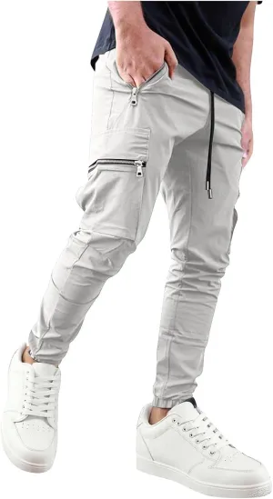 Men's Casual Cargo Pants Drawstring Elastic Waist Joggers Sweatpants Solid Color Multiple Pockets Hiking Trousers