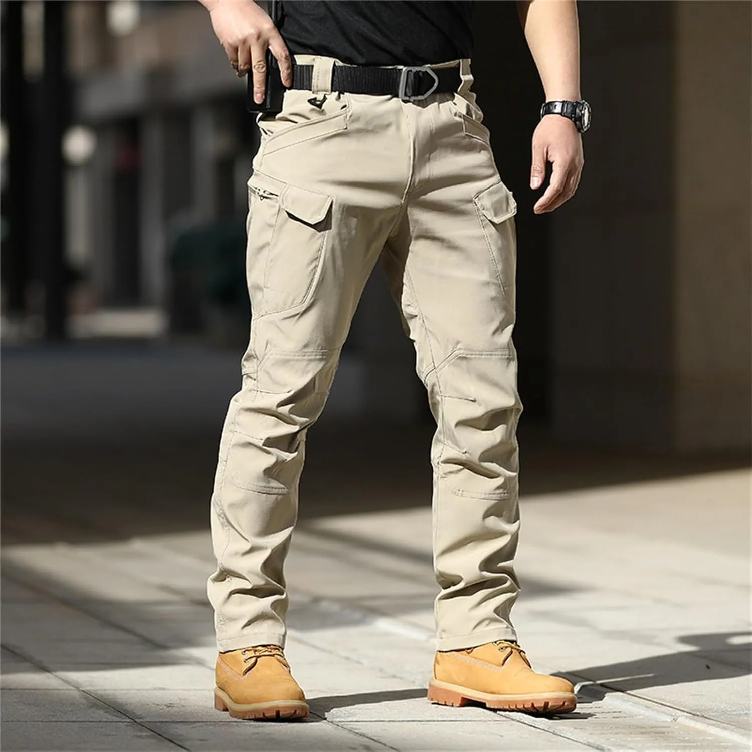 Men's Casual Cargo Pants Straight Leg Stretch Trousers Hiking Tactical Wild Loose-fit Outdoor Pants with Flap Pockets