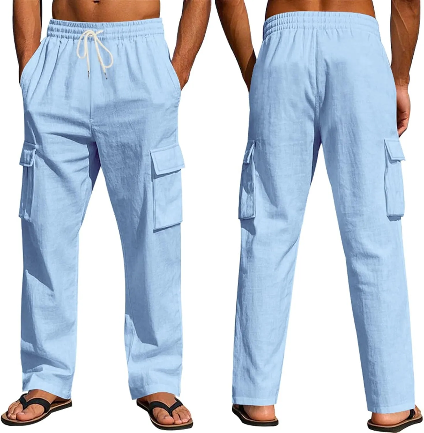 Mens Casual Linen Cargo Pants Summer Elastic Waist Beach Pant Relaxed Fit Straight Leg Trousers with Pockets
